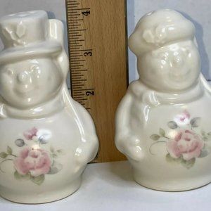 PFALTZGRAFF TEA ROSE MR & MRS FROSTY SNOWMAN CHRISTMAS SALT & PEPPER SHAKERS SET